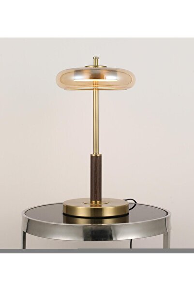 Lumienza Modern Masa Lambası – Amber Cam Abajur, Gold Metal Ayak, Ahşap Detay...