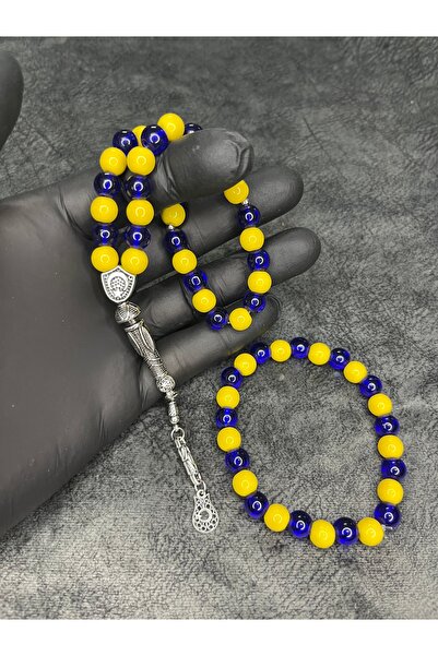 Mos Tespih Yellow Navy Blue Fan Glass Beads Natural Stone Prayer Beads and Bracelet Set