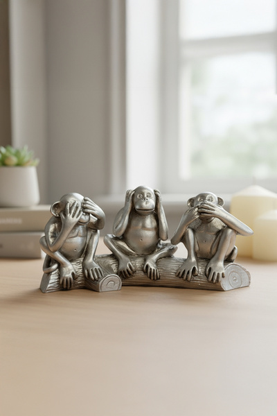 TR Turan Collection SAGE - 3'lü Maymun Biblo Seti - Gümüş Renk Dekoratif Görmedim, Duymadım, Bilmiyorum Figürü