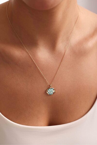 Giza Jewelry 14 Ayar Altın Turkuaz & Beyaz Mineli Balık Kolye