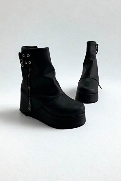 inizio Black Vegan Leather Wedge Heel Women's Boots V4246