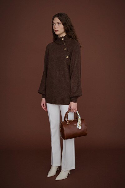 Nihan Düğme Detaylı Triko Tunik Kahve