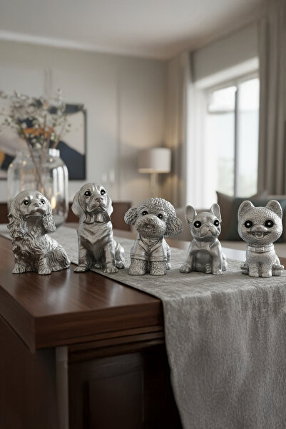 TR Turan Collection PUPPY - 5'li Köpek Biblo Seti - Gümüş Renk Dekoratif Köpe...