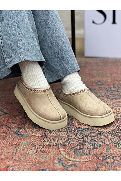 SİBA SHOES Yula İçi Kürklü İşleme Detaylı Bej Süet Kadın Bot