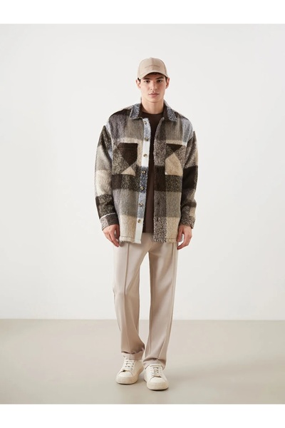 LC Waikiki XSIDE Кафява удобна мъжка риза с дълги ръкави и тартан мотив