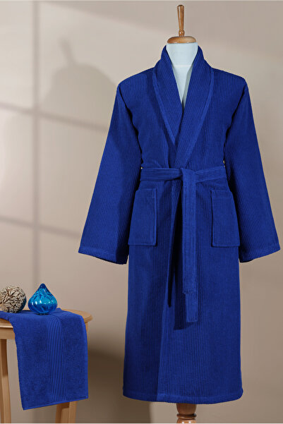 Ellaline Striped Bathrobe Set 100% Cotton Certified 2 Pieces, Shalyaka Bathrobe and Head Towel Set Navy Blue