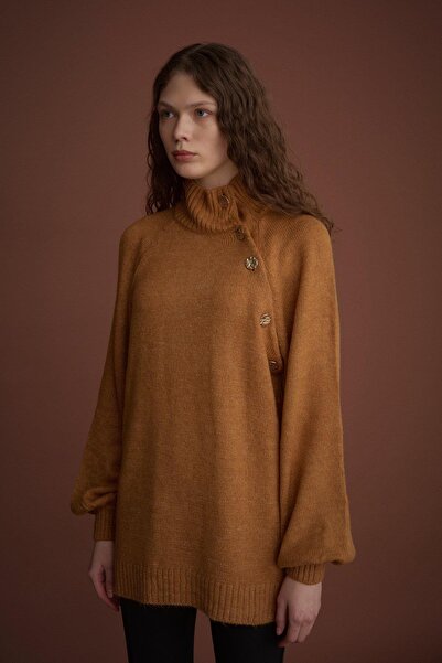 Nihan Düğme Detaylı Triko Tunik Hardal