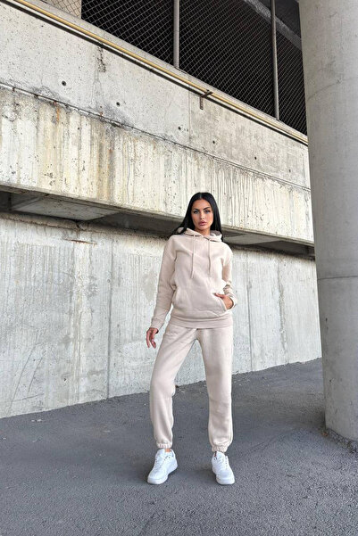 CİDDE Women's Three Thread Kangru Pocket Hooded Compact Combed Cotton Inside Sha Fleece-Lined Tracksuit Set