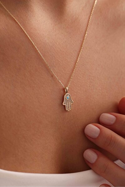 Giza Jewelry 14 Ayar Altın Mavi-Beyaz Taşlı Fatmanın Eli Kolye