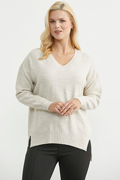 Sementa Oversize V Yaka Triko Kazak - Taş