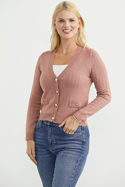 Sementa Buttoned Knit Cardigan with Pocket Detail - Rose