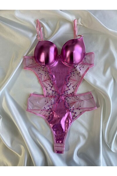 Gold Night Γυναικείο δερμάτινο ροζ διαφανές φορμάκι με κουμπωτά και σουτιέν Φανταχτά εσώρουχα