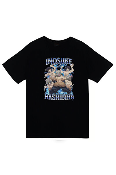 fame-stoned Demon Slayer Inosuke Hashibira Anime Printed Unisex 100% Cotton Black T-Shirt