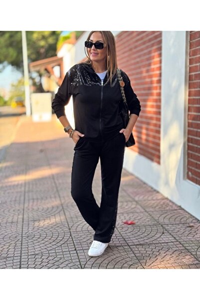 Valeria Butik Sequined Front Zipper Black Double Suit