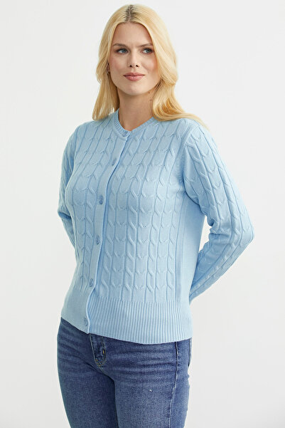 Sementa Buttoned Crew Neck Knit Cardigan - Blue