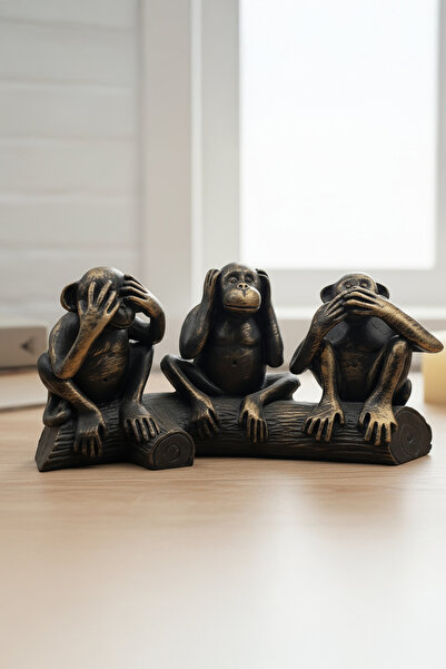 TR Turan Collection SAGE - 3'lü Maymun Biblo Seti - Eskitme Renk Dekoratif Gö...