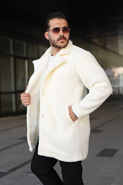 Tarz Cool Men's White Plush Buttoned Coat