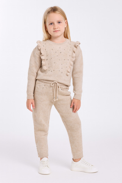 Minora Girl's Beige Knitwear Ruffle Detailed Pants Set