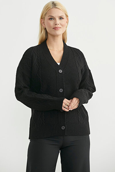 Sementa Oversize Düğmeli Triko Hırka - Siyah