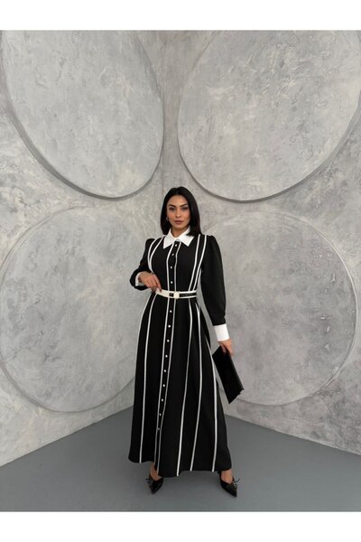 suphias Atlas Fabric Dress with Front Buckle (Including Belt) Black -42166