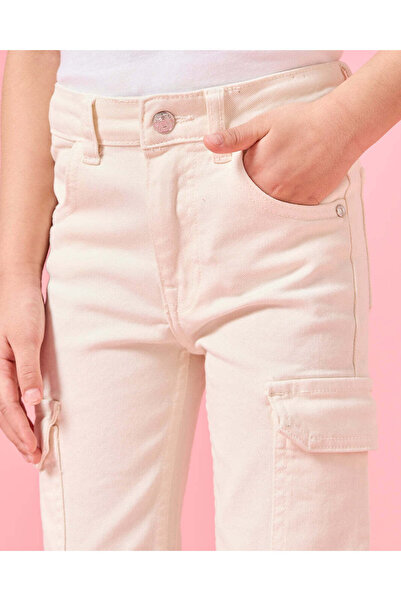REDTAG Girls Beige Cargo Pocket Flared Jeans