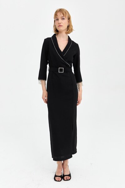 Nihan Zincirli Taş Kemerli Şık Elbise Siyah