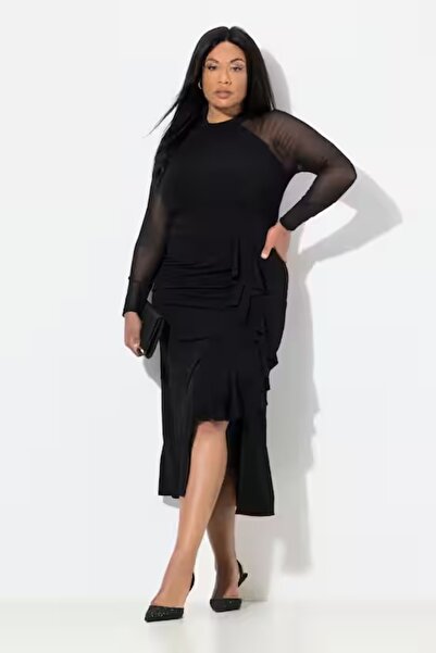 Şans Kadını Büyük Beden Siyah, File Kollu Volanlı Elbise 65N39215