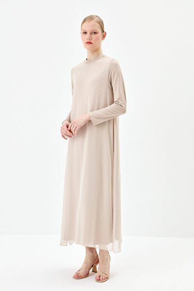 Nihan Önü Şifonlu Penye Elbise Taş