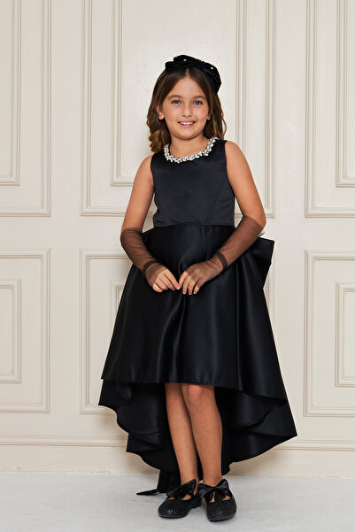 zühre balaban Black Short Front Glove Stone Girl Evening Dress