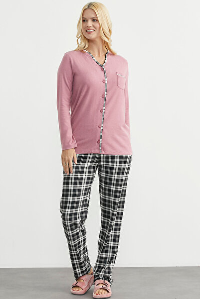 Sementa Plaid Combination Buttoned Pajama Set - Dusty Rose