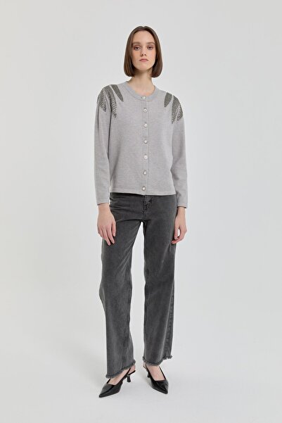 Nihan Omuzları Taşlı Kısa Triko Hırka Gri