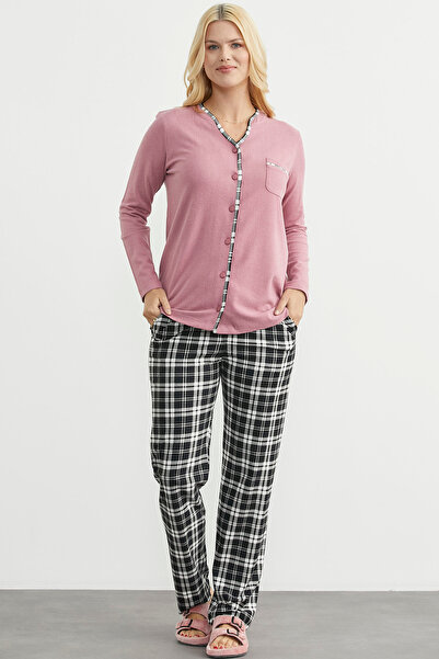 Sementa Plaid Combination Buttoned Pajama Set - Dusty Rose