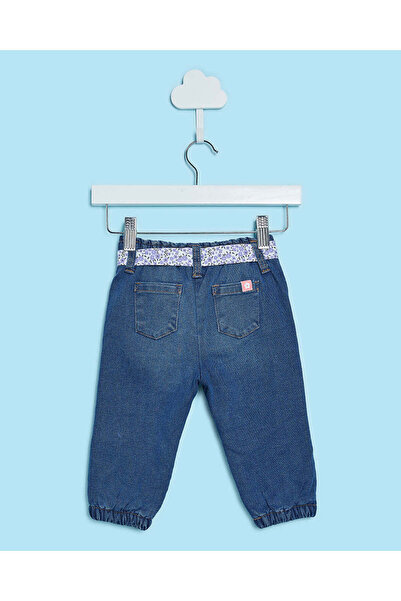 REDTAG Infant Girls Blue All Over Embroidery Jogger With Belt