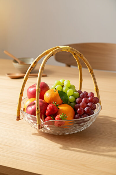 Bambum Cestino Bamboo Glass Round Presentation Plate with Handles Wavy Pattern