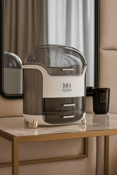 MAKRİ HOME MultiBox Çok Gözlü Şeffaf Kapaklı Makyaj Organizeri, Beyaz, 29 x 19 x 34 cm