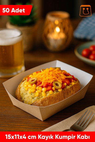 Öztürk ambalaj 15x11x4 cm Kraft Kayık Kumpir Kabı Selefonlu 50 Adet