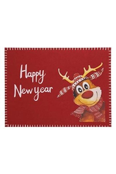 Tessari Set 4 x Christmas Felt Plate Mat, Red, Reindeer "Happy New Year" 40 x 30 cm