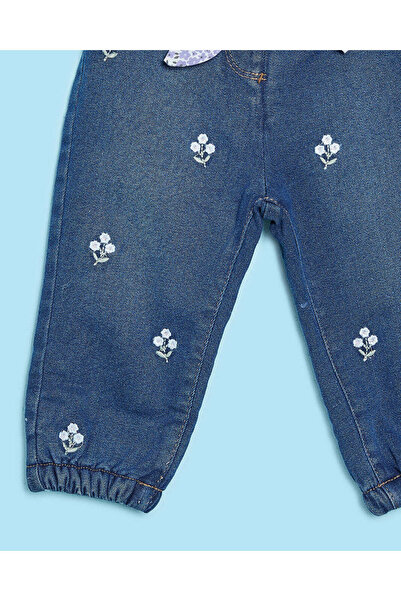 REDTAG Infant Girls Blue All Over Embroidery Jogger With Belt