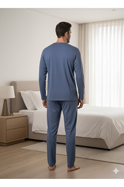 FAMES PİJAMA Men's Blue Long Sleeve Pajama Set