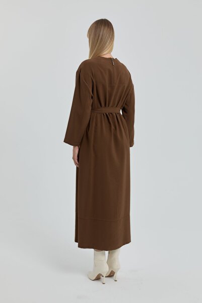 Nihan Beli Kuşaklı Modal Elbise Açık Kahve