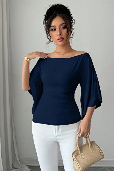 COOL TARZ Women's White Boat Neck Flare Sleeve Draped Fit Blouse