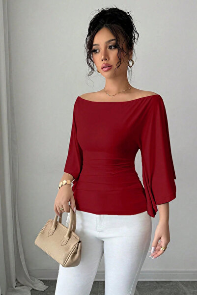 COOL TARZ Women's White Boat Neck Flare Sleeve Draped Fit Blouse