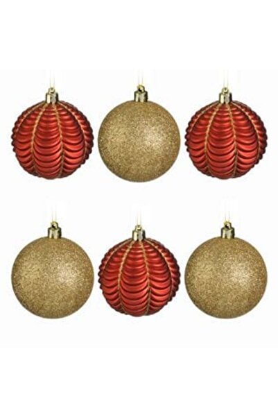 BAMI NETWORK Set of Red Matte Gold Christmas Baubles with Glitter Ø8cm - 6pcs