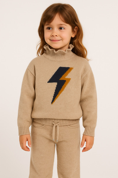 Minora Girl's Knitwear Beige Lightning Pattern Trouser Suit