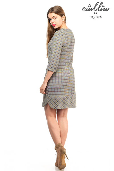 Stylish A short gray dress with yellow stripes for an attractive look