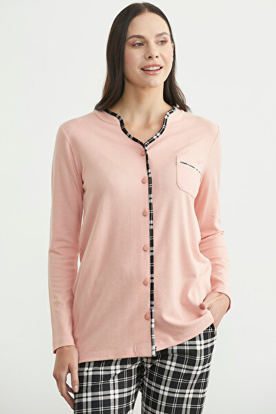 Sementa Plaid Combination Buttoned Pajama Set - Salmon