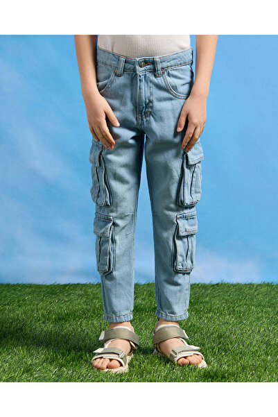 REDTAG Boys Blue Wash Cargo Pocket Jeans
