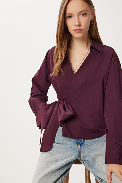 Lovelyİstanbul Gömlek Yaka Anvelop Poplin Bluz LZV0040 MÜRDÜM