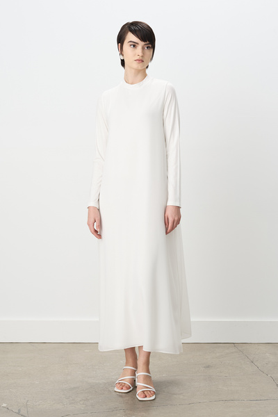 Nihan Önü Şifonlu Penye Elbise Ekru