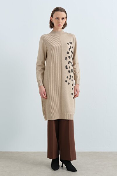 Nihan Tek Tarafı Payet Desenli Triko Elbise Haki